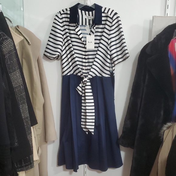 Weill $760 Navy and White Striped Tie Waist Dress